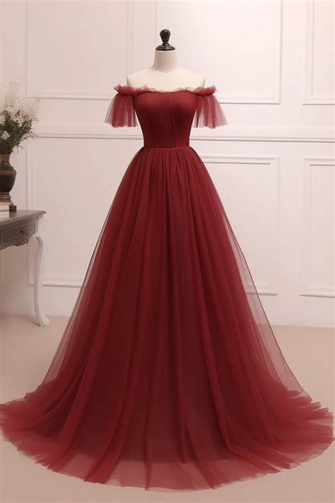 A Line Burgundy Tulle Long Prom Dress, Burgundy Long Evening Dress on