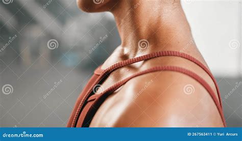Woman Closeup and Shoulder Muscle at Gym for Fitness, Training or ...