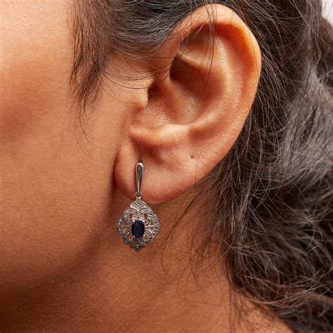 .925 Sterling Silver Oval Blue Sapphire and White Diamond Accent Dangle