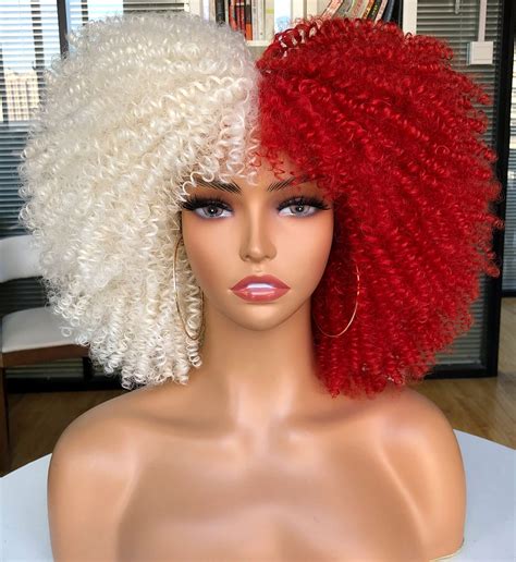 CurlCoo Short Curly Afro Wig for Black Women 14 Inch - White and Red