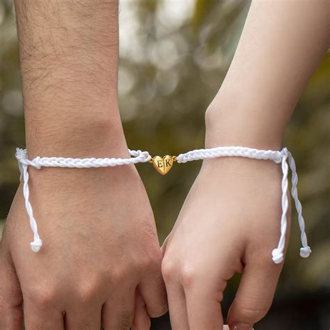 custom initials matching heart magnetic bracelets set   adjustable