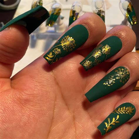 Dark Forest Green Nails-matte Green-gold Nail Art-gold - Etsy