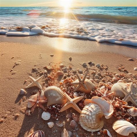 Premium Photo | Seashells on the beach with blue sea and sky background