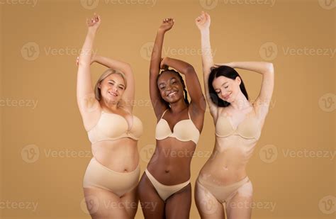 Love Your Body. Happy Three Women With Different Shapes And Appearance