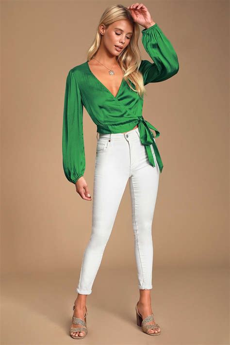 elena green satin long sleeve wrap crop top satin long sleeve wrap