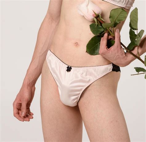 Rose Petal Satin and Lace Mens Crossdresser Cheeky Panty, Black Panties