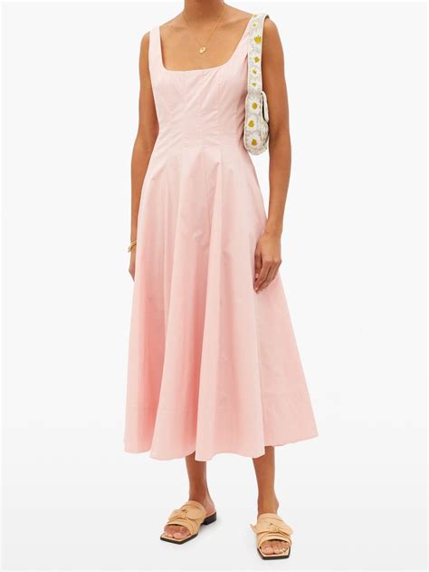 staud wells dart tucked cotton blend poplin midi dress  pink endource
