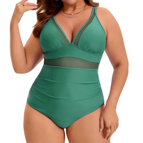 GRACE & GRANDEUR Women's Plus Size 1 Piece Swimsuit Mesh V Neck Tummy