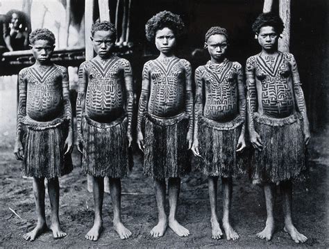 New Guinea: five tattooed girls of the Koita people, Waima village