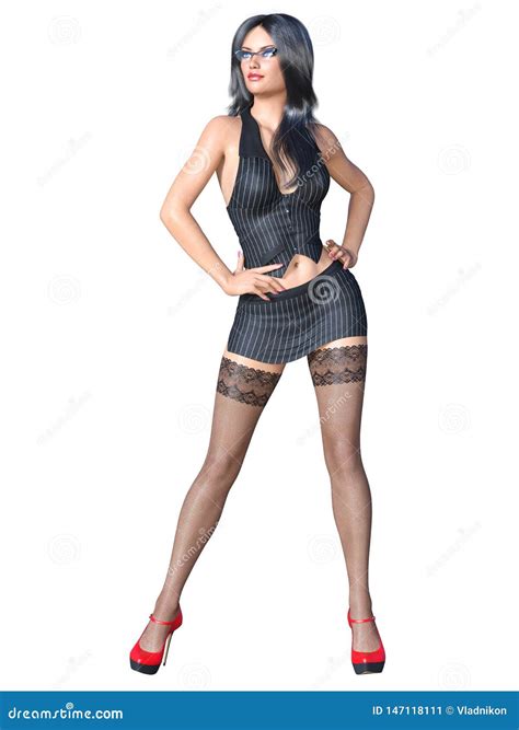 Long-haired Brunette Secretary Uniform Black Stocking. Stock