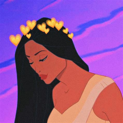 an animated image of a woman with long black hair and gold hearts on her head