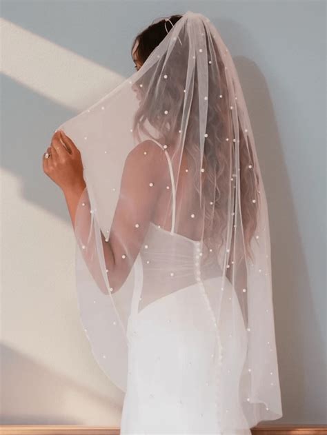 1pc Thin Mesh & Pearl Bridal Wedding Veil, Suitable For Church Ceremony