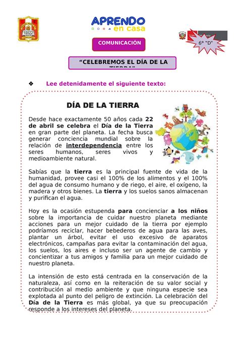22 de Abril día de la Tierra - Lee detenidamente el siguiente texto