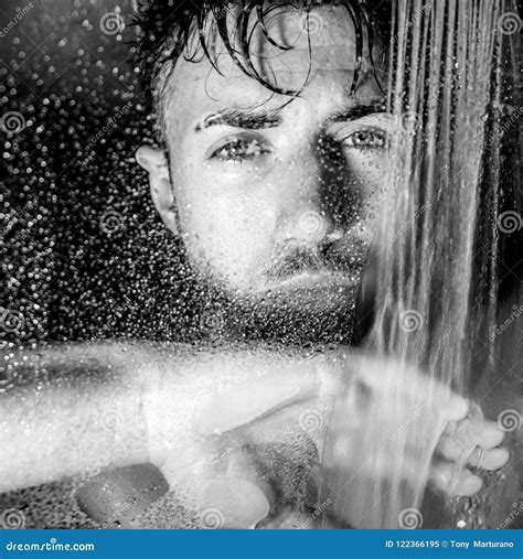 Hunky, Handsome Man, Male With Beard And Muscular Arms Is Wet In Shower