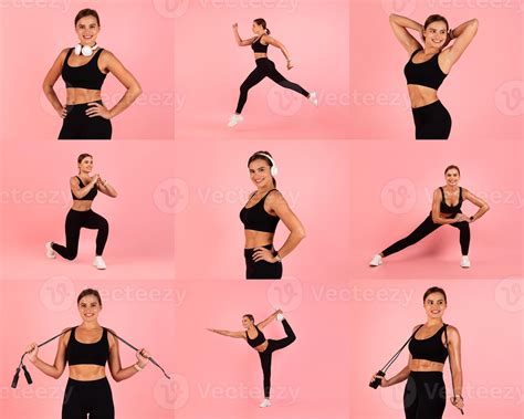 A woman showcases her fitness routine, performing exercises like lunges