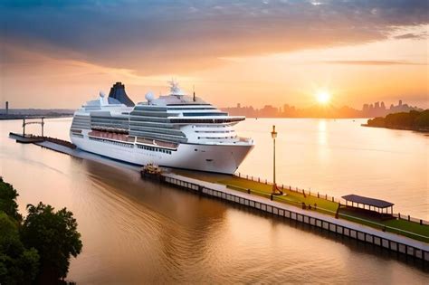 Premium AI Image | Cruise ship docked at sunset with a sunset in the background