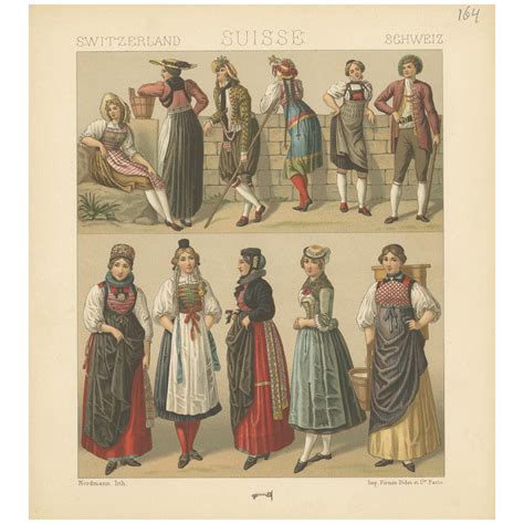 Pl. 166 Antique Print of Swiss Women's Dresses by Racinet, 'circa 1880
