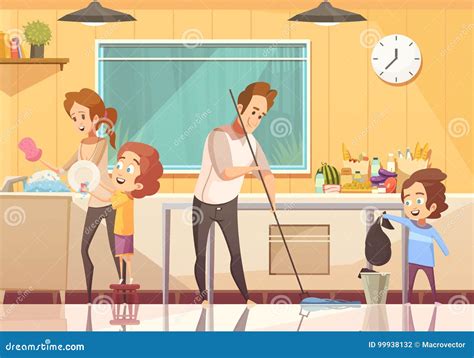 kids helping cleaning cartoon poster stock vector illustration
