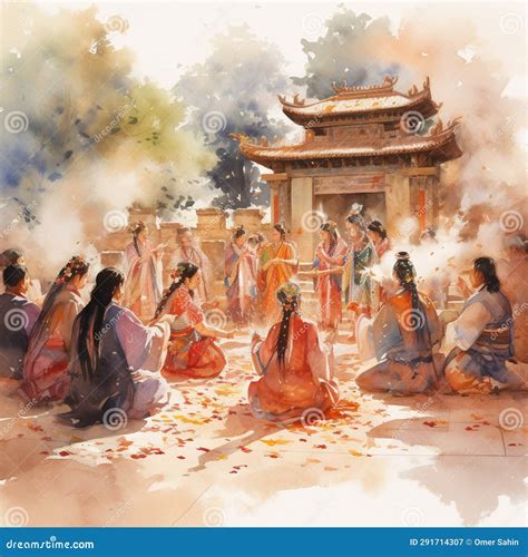 Vibrant Watercolor Painting of a Historical Traditional Ceremony Stock