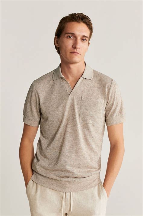 Mango Man - polo lniane Crochet kolor pszeniczny