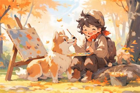 Premium AI Image | anime boy painting a picture of a dog in a park ...