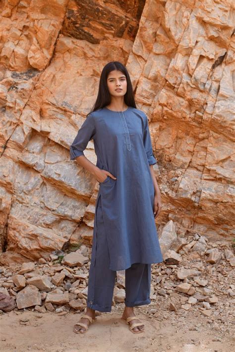 Blue Cotton Tunic Set - KAPRAAHA - 4119693