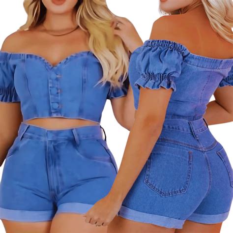 Conjunto Short Jeans E Cropped Para Festa - Conjunto Jeans Feminino Cropped Top e Short Barra Dobrada Cintura Alta ...