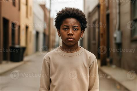 Urban Alley Featuring a Young Boy Standing in Neutral Outfit During a