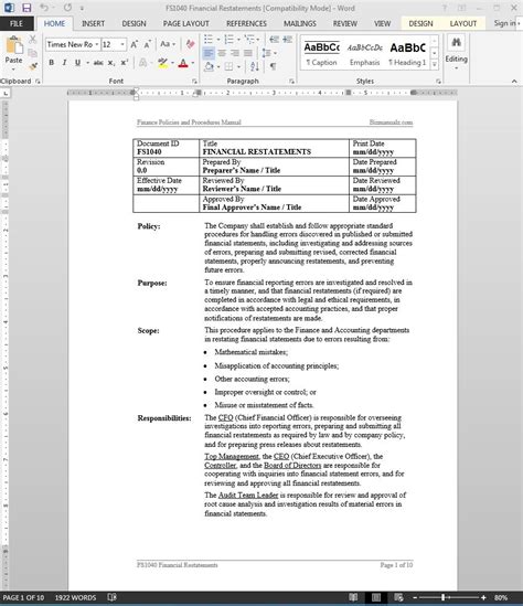 financial restatements procedure template word