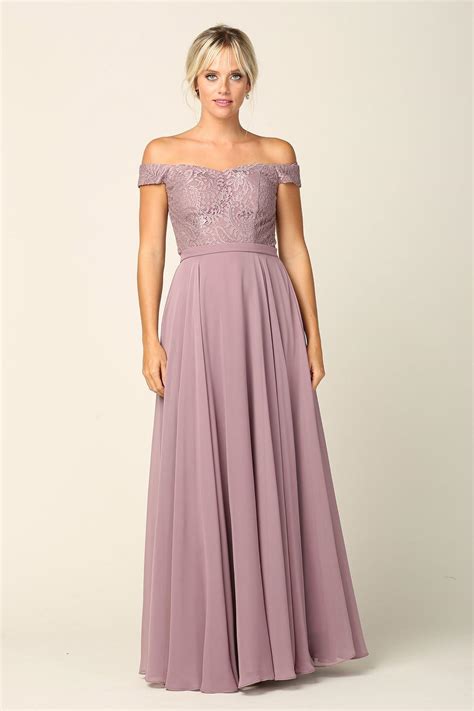 Dusty Rose Long Off Shoulder Lace Bodice Bridesmaids Dress - Formal Dresses
