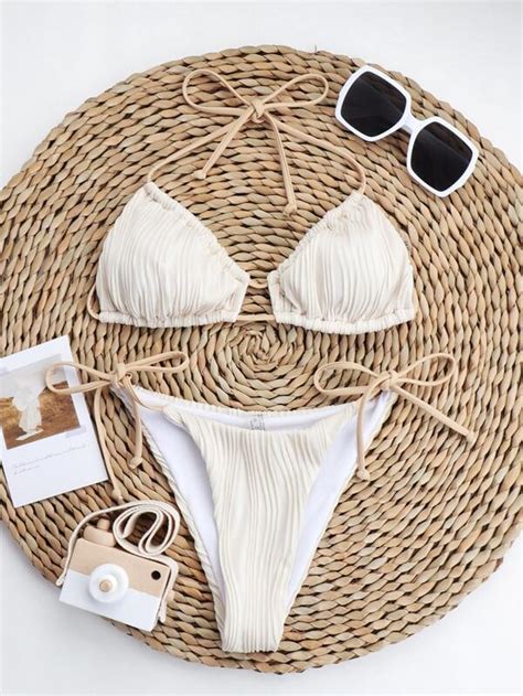 SHEIN Swim Basics Teksturowane Zestaw bikini Kantar Trójkąt Biustonosz ...
