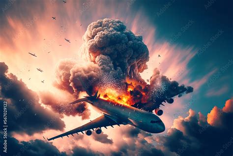 Aircraft explosion during flight. Airliner catastrophe. Plane accident ...