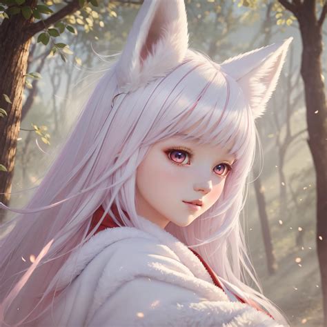 Anime girl with white hair and pink ears in a forest - SeaArt AI