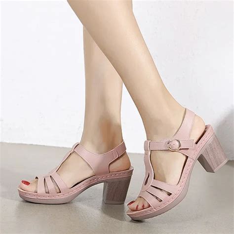 Women-Chunky-Heel-Sandals-New-Comfortable-Solid-Colour-High-Heels-Non ...