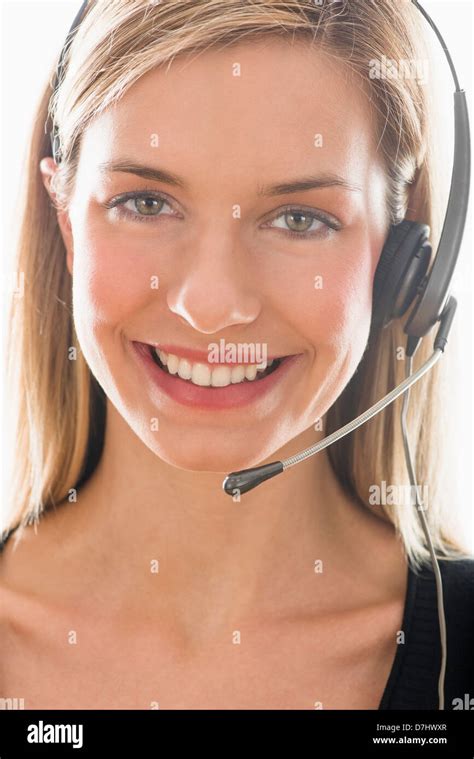 studio portrait  young woman wearing headset stock photo alamy