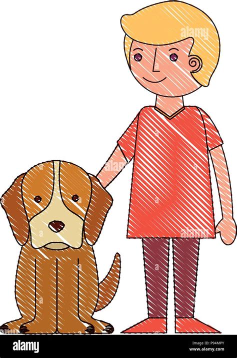 smiling little boy with her dog pet vector illustration drawing Stock ...