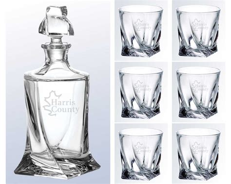 Engraved Crystal Swoop Whiskey Decanter with Stopper with 4 or 6 Glasses