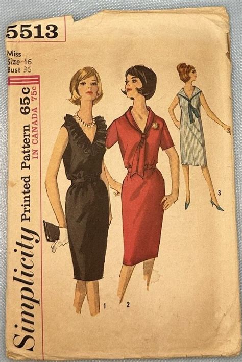 One Piece V Neckline Dress Pattern Simplicity 5513 Size 16 1960's ...