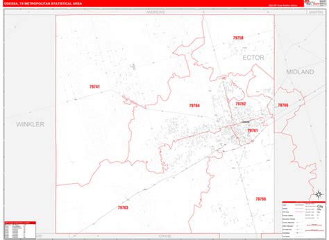 Odessa, TX Metro Area Zip Code Wall Map Red Line Style by MarketMAPS ...