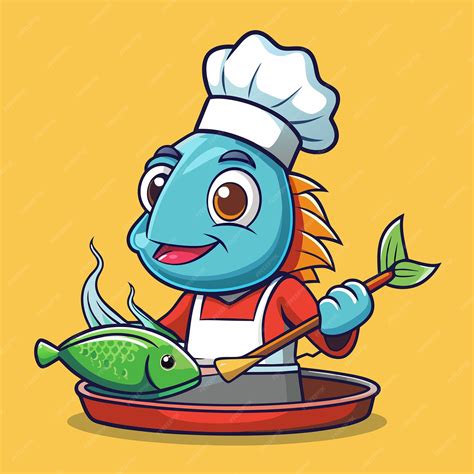 Dibujos animados humorísticos de pescado cocinado en una sartén con