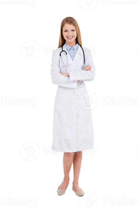 Confident doctor. Full length of confident female doctor in white