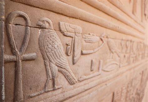 Ancient egyptian symbols and hieroglyphics carved at Kom Ombo temple, Egypt Stock Photo | Adobe ...