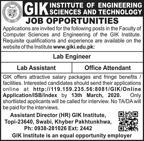 Ghulam Ishaq Khan Institute of Engineering Sciences and Technology Jobs 04 March 2020 ...