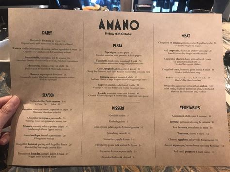 Menu at Amano restaurant, Auckland, 66 - 68