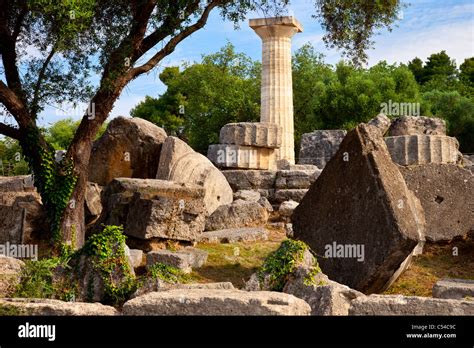 Ruins of the Temple of Zeus in Olympia Greece - home to the original ...
