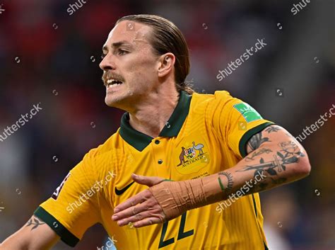 jackson irvine australia celebrates  scoring editorial stock photo