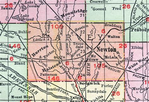 Harvey County, Kansas, 1911, Map, Newton, Hesston, Halstead