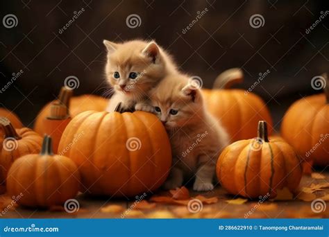 Two Cute Orange Tabby Kittens Playing Around Pumpkins and Leaves ...