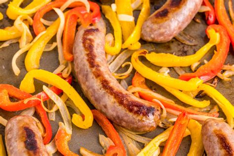 Oven Roasted Bratwurst with Peppers and Onions - Recipe by Blackberry Babe