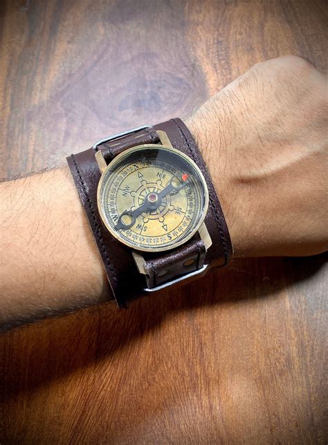 leather strap steampunk wrist brass  leather compass  perfect